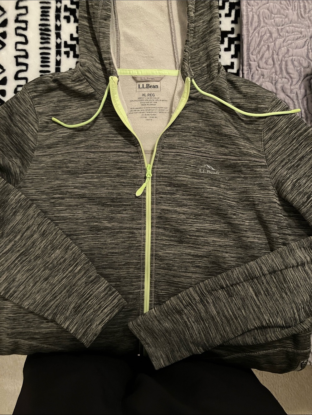 L.L. Bean Women’s Gray Heather Zip Hoodie with Neon Lime Trim
